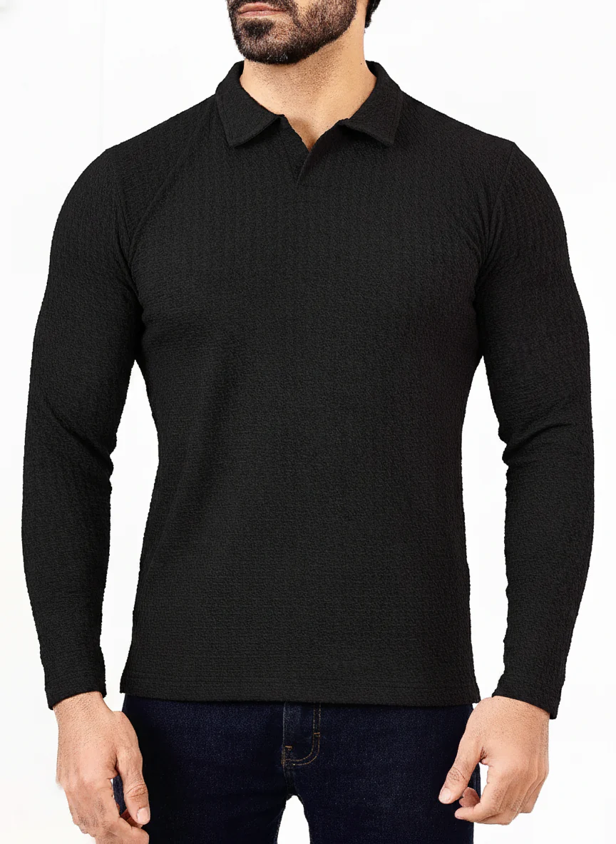 Men’s Black Textured Long-Sleeve Polo Shirt
